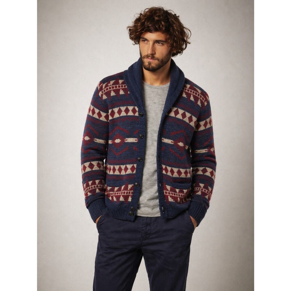Denim & Supply Men’s Aztec Southwestern Cardigan Knit Sweater Medium Blue